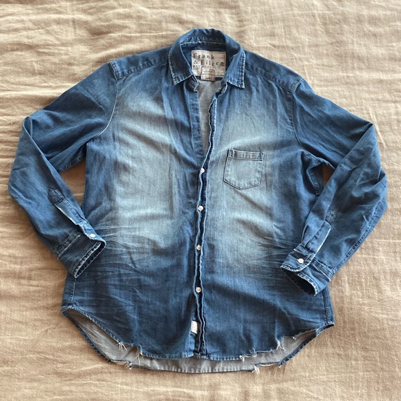 Frank & Eileen Tops - Frank and Eileen Distressed Famous Denim Button Down
